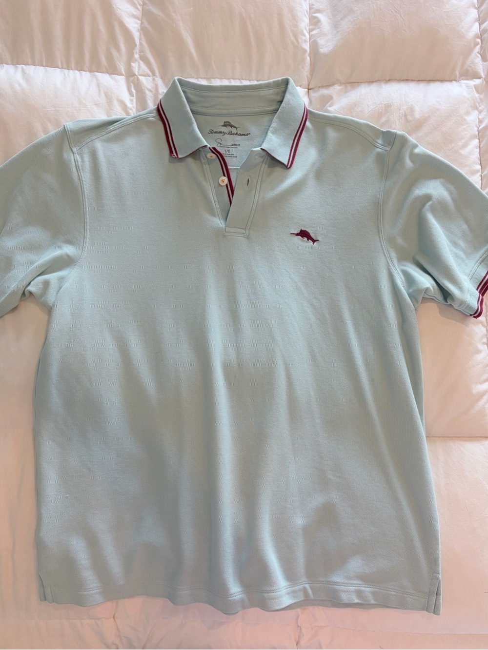 Tommy Bahama Light Blue Polo with Burgundy Accents